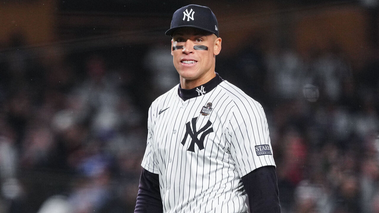NEW YORK, NY - OCTOBER 29: Aaron Judge #99 of the New York Yankees reacts after winning Game 4 of the 2024 World Series presented by Capital One between the Los Angeles Dodgers and the New York Yankees at Yankee Stadium on Tuesday, October 29, 2024 in New York, New York. The New York Yankees won 11-4.