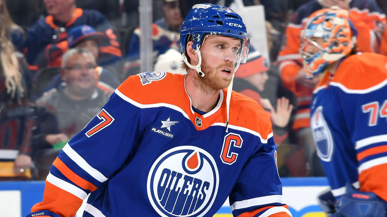 EDMONTON, CANADA - OCTOBER 25: Connor McDavid #97 of the Edmonton Oilers warms up before the game against the Pittsburgh Penguins at Rogers Place on October 25, 2024, in Edmonton, Alberta, Canada.