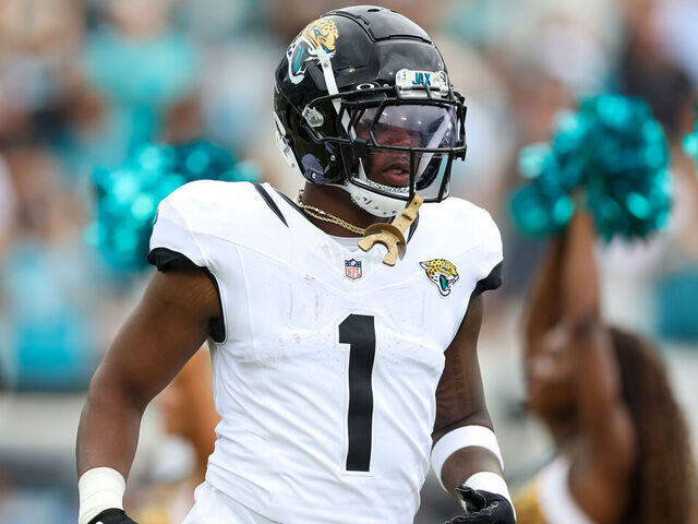 JACKSONVILLE, FLORIDA - SEPTEMBER 15: Travis Etienne Jr. #1 of the Jacksonville Jaguars takes the field prior to a game against the Cleveland Browns at EverBank Field on September 15, 2024 in Jacksonville, Florida.