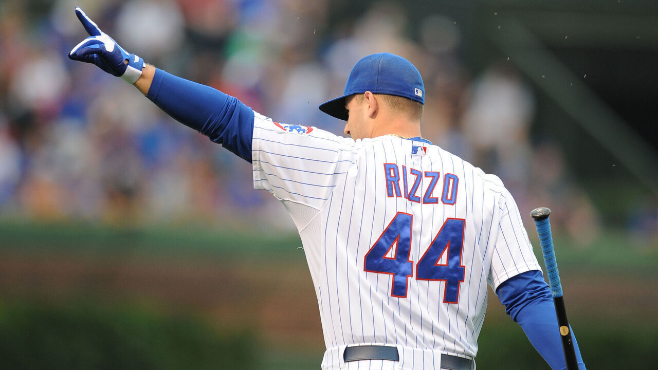 June 22, 2015: Chicago Cubs First base Anthony Rizzo (44) [7759] points to fans before a game between the Los Angeles Dodgers and Chicago Cubs at Wrigley Field in Chicago, IL.