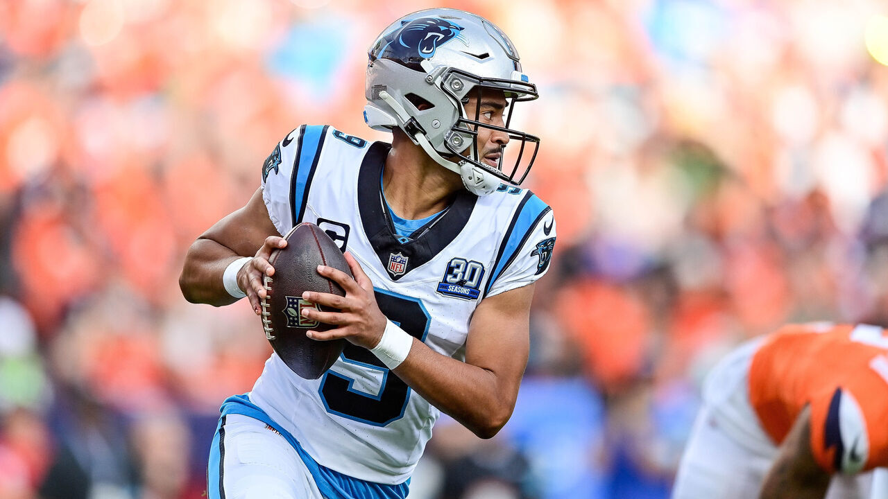 DENVER, CO - OCTOBER 27: Carolina Panthers quarterback Bryce Young (9) scrambles in the third quarter during a game between the Carolina Panthers and the Denver Broncos at Empower Field at Mile High on October 27, 2024 in Denver, Colorado.