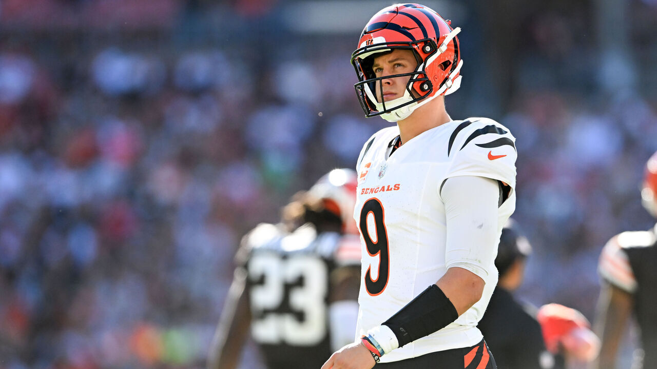 CLEVELAND, OHIO - OCTOBER 20: Joe Burrow #9 of the Cincinnati Bengals looks on during the fourth quarter against the Cleveland Browns at Huntington Bank Field on October 20, 2024 in Cleveland, Ohio.