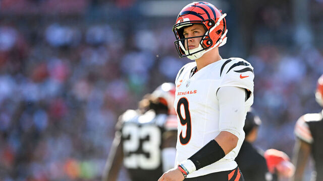CLEVELAND, OHIO - OCTOBER 20: Joe Burrow #9 of the Cincinnati Bengals looks on during the fourth quarter against the Cleveland Browns at Huntington Bank Field on October 20, 2024 in Cleveland, Ohio.