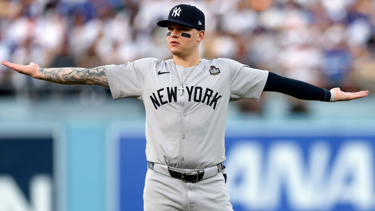 LOS ANGELES, CALIFORNIA - OCTOBER 26: Alex Verdugo #24 of the New York Yankees warms up before playing the Los Angeles Dodgers during Game Two of the 2024 World Series at Dodger Stadium on October 26, 2024 in Los Angeles, California.