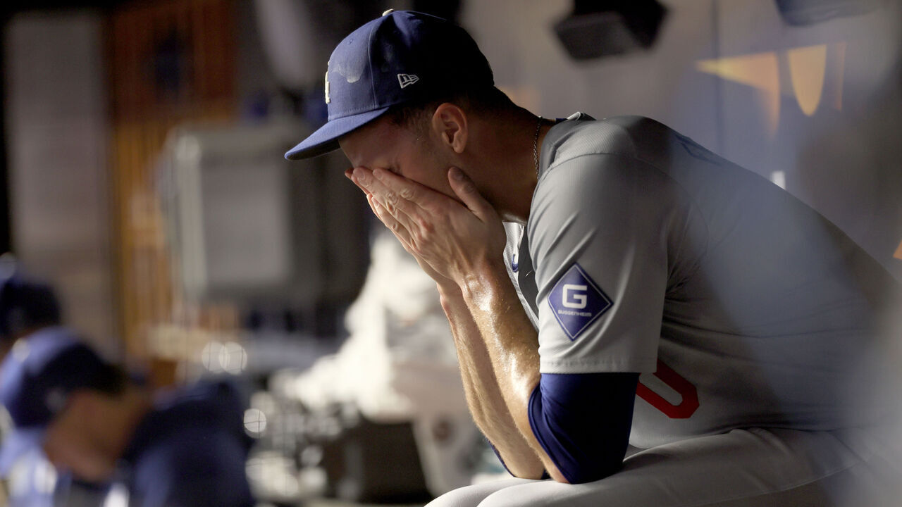 BRONX, NEW YORK - OCTOBER 30, 2024: Los Angeles Dodgers pitcher Jack Flaherty (0) in the dugout after being pulled from the game. Game 5 of the World Series against the Yankees at Yankees Stadium in New York City Tuesday, October 29 2024. (Robert Gauthier/Los Angeles Times via Getty Images)