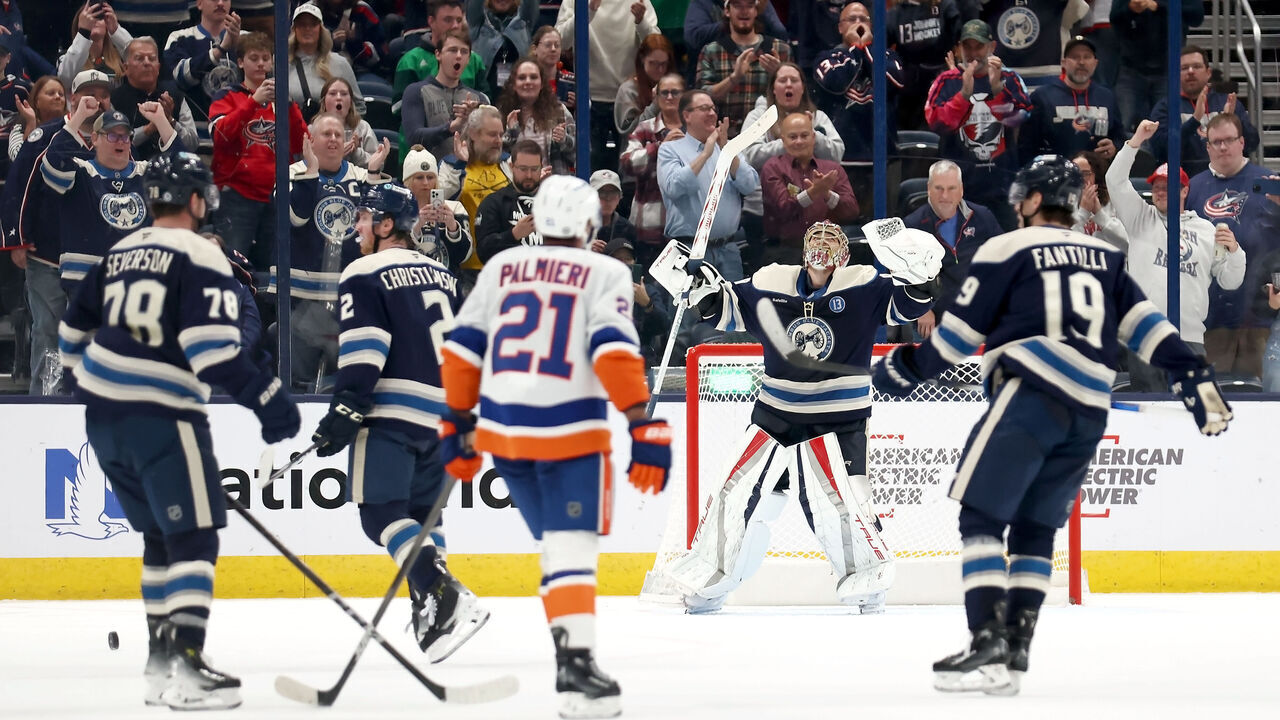 COLUMBUS, OHIO - OCTOBER 30: Elvis Merzlikins #90 of the Columbus Blue Jackets reacts at the end of the game after shutting out the New York Islanders 2-0 at Nationwide Arena on October 30, 2024 in Columbus, Ohio.