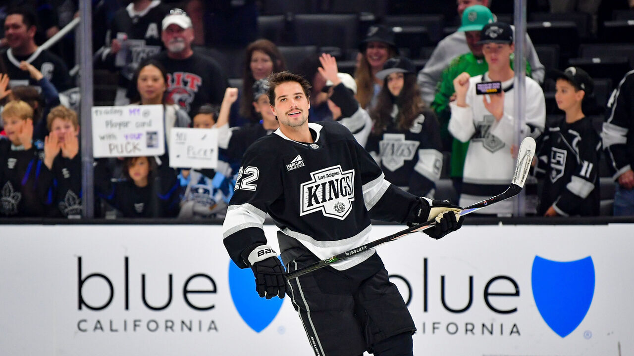 LOS ANGELES, CA - OCTOBER 26: Kevin Fiala #22 of the Los Angeles Kings skates on the ice during warm ups prior to the game against the Utah Hockey Club at Crypto.com Arena on October 26, 2024 in Los Angeles, California.