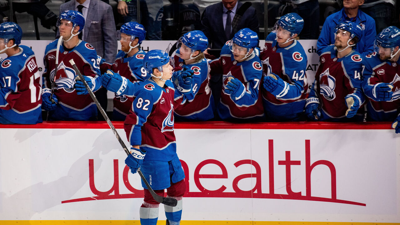 DENVER, COLORADO - OCTOBER 30: Ivan Ivan #82 of the Colorado Avalanche high fives his teammates on the bench after scoring a goal in the first period of the game against the Tampa Bay Lightning at Ball Arena on October 30, 2024 in Denver, Colorado.