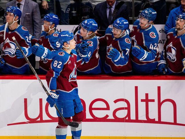 DENVER, COLORADO - OCTOBER 30: Ivan Ivan #82 of the Colorado Avalanche high fives his teammates on the bench after scoring a goal in the first period of the game against the Tampa Bay Lightning at Ball Arena on October 30, 2024 in Denver, Colorado.