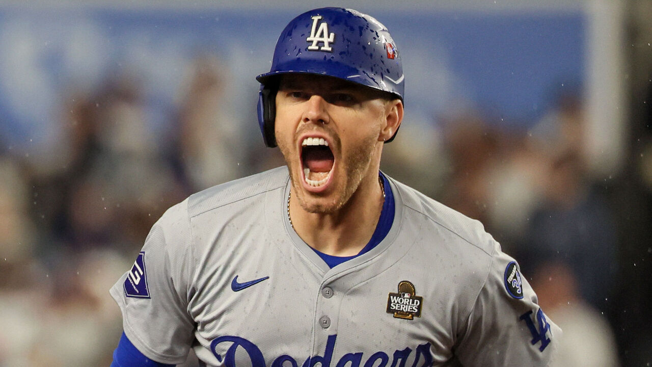 Bronx,, New York, Tuesday October 29, 2024 - Dodgers first baseman Freddie Freeman exults while rounding the bases on a firsts inning homer against the New York Yankees in Game four of the World Series at Yankee Stadium. (Robert Gauthier/Los Angeles Times via Getty Images)