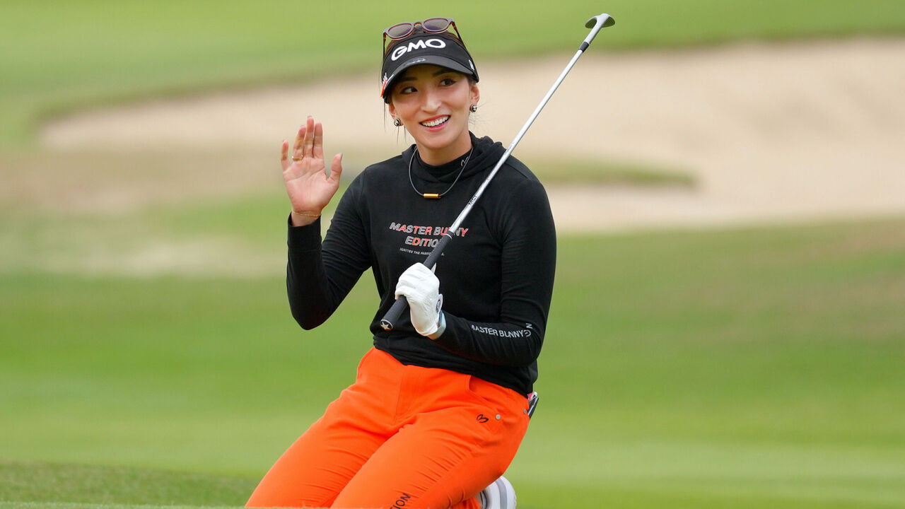 OTSU, JAPAN - OCTOBER 31: Hana Wakimoto of Japan acknowledges the gallery after the chip-in-birdie on the 9th hole during the first round of the TOTO Japan Classic 2024 at Seta Golf Course on October 31, 2024 in Otsu, Shiga, Japan.