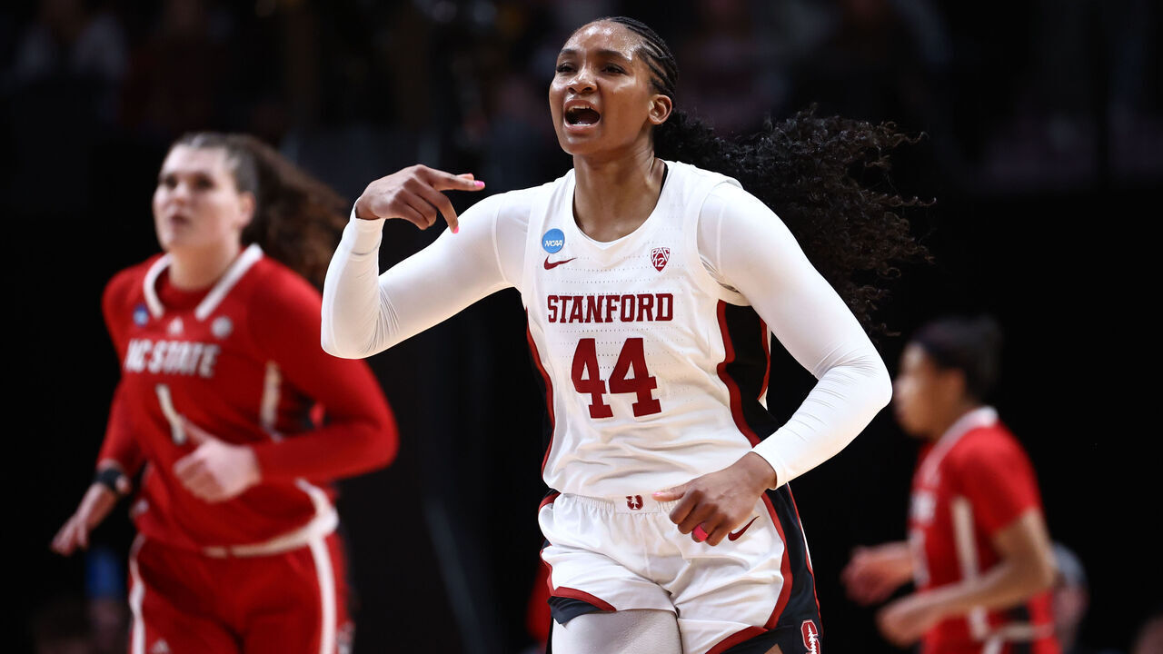 PORTLAND, OREGON - MARCH 29: Kiki Iriafen #44 of the Stanford Cardinal yells after making a three-point basket during the Sweet Sixteen round of the 2024 NCAA Women's Basketball Tournament held at the Moda Center on March 29, 2024 in Portland, Oregon.