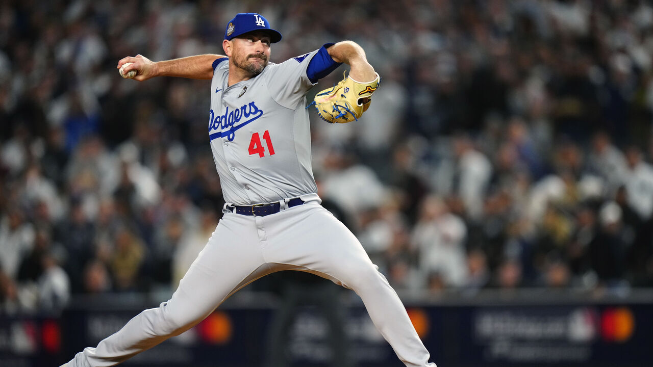 NEW YORK, NY - OCTOBER 29: Daniel Hudson #41 of the Los Angeles Dodgers pitches during Game 4 of the 2024 World Series presented by Capital One between the Los Angeles Dodgers and the New York Yankees at Yankee Stadium on Tuesday, October 29, 2024 in New York, New York.