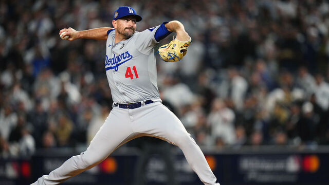 NEW YORK, NY - OCTOBER 29: Daniel Hudson #41 of the Los Angeles Dodgers pitches during Game 4 of the 2024 World Series presented by Capital One between the Los Angeles Dodgers and the New York Yankees at Yankee Stadium on Tuesday, October 29, 2024 in New York, New York.