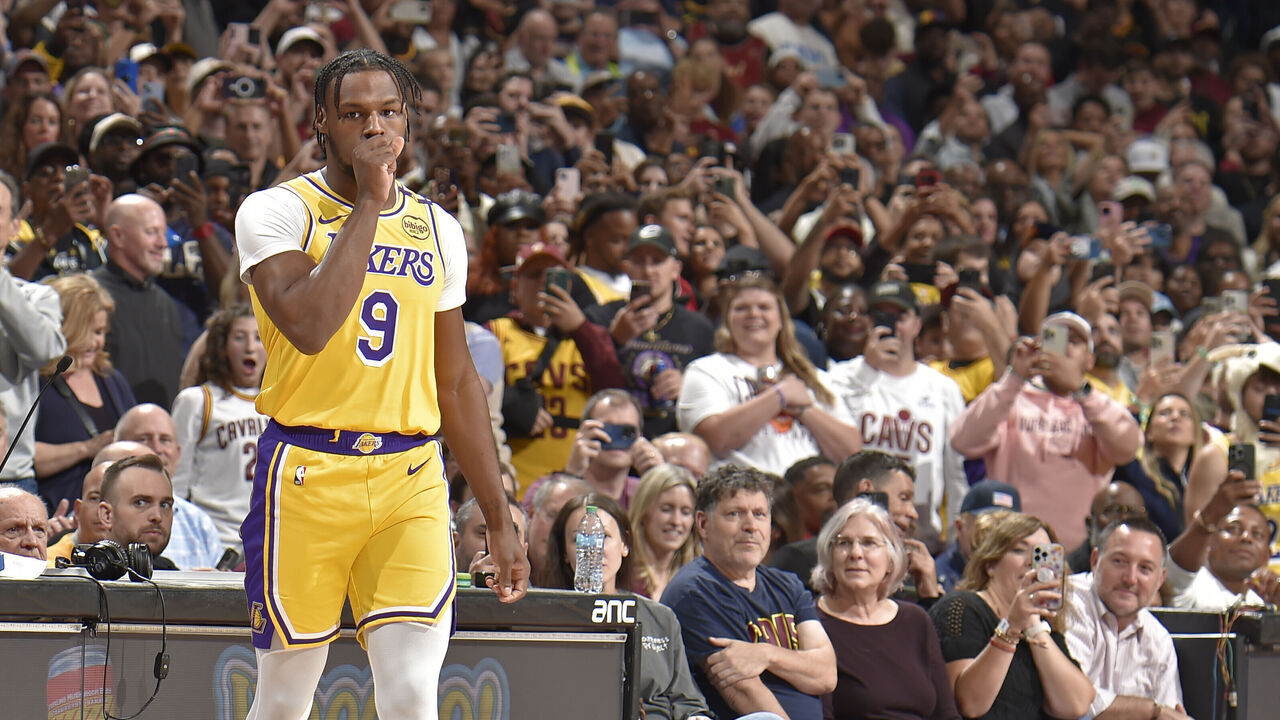 CLEVELAND, OH - OCTOBER 30: Bronny James #9 of the Los Angeles Lakers looks on during the game against the Cleveland Cavaliers on October 30, 2024 at Rocket Mortgage FieldHouse in Cleveland, Ohio. NOTE TO USER: User expressly acknowledges and agrees that, by downloading and/or using this Photograph, user is consenting to the terms and conditions of the Getty Images License Agreement. Mandatory Copyright Notice: Copyright 2024 NBAE