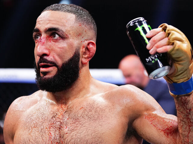 MANCHESTER, ENGLAND - JULY 27: Belal Muhammad reacts after his UFC welterweight championship bout against Leon Edwards of Jamaica during the UFC 304 event at Co-op Live on July 27, 2024 in Manchester, England.