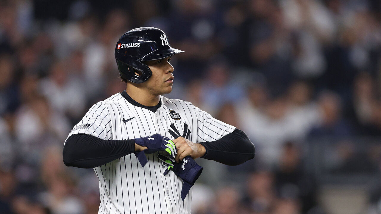NEW YORK, NEW YORK - OCTOBER 30: Juan Soto #22 of the New York Yankees walks during the first inning of Game Five of the 2024 World Series against the Los Angeles Dodgers at Yankee Stadium on October 30, 2024 in the Bronx borough of New York City.