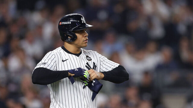 NEW YORK, NEW YORK - OCTOBER 30: Juan Soto #22 of the New York Yankees walks during the first inning of Game Five of the 2024 World Series against the Los Angeles Dodgers at Yankee Stadium on October 30, 2024 in the Bronx borough of New York City.
