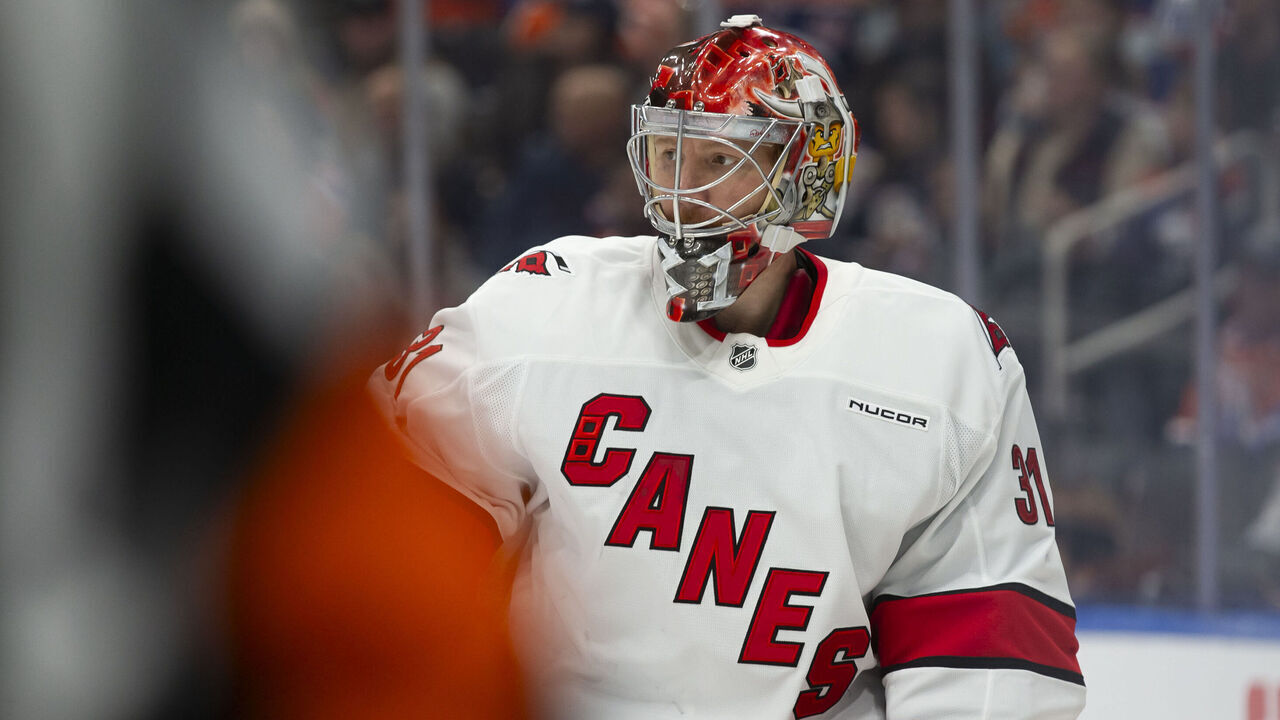 EDMONTON, CANADA - OCTOBER 22: Goaltender Frederik Andersen #31 of the Carolina Hurricanes skates against the Edmonton Oilers during the second period at Rogers Place on October 22, 2024 in Edmonton, Canada.