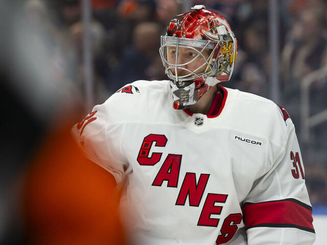 EDMONTON, CANADA - OCTOBER 22: Goaltender Frederik Andersen #31 of the Carolina Hurricanes skates against the Edmonton Oilers during the second period at Rogers Place on October 22, 2024 in Edmonton, Canada.