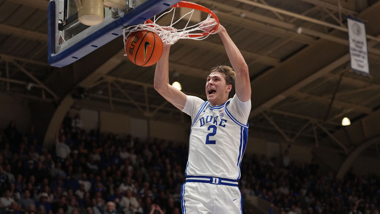 DURHAM, NORTH CAROLINA - OCTOBER 27: Cooper Flagg #2 of the Duke Blue Devils dunks against the Arizona State Sun Devils during the game at Cameron Indoor Stadium on October 27, 2024 in Durham, North Carolina. The Blue Devils won 103-47.