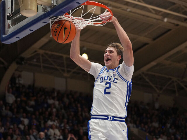 DURHAM, NORTH CAROLINA - OCTOBER 27: Cooper Flagg #2 of the Duke Blue Devils dunks against the Arizona State Sun Devils during the game at Cameron Indoor Stadium on October 27, 2024 in Durham, North Carolina. The Blue Devils won 103-47.