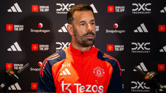MANCHESTER, ENGLAND - OCTOBER 31: (EXCLUSIVE COVERAGE) Interim Head Coach Ruud van Nistelrooy of Manchester United speaks during a press conference at Carrington Training Ground on October 31, 2024 in Manchester, England.