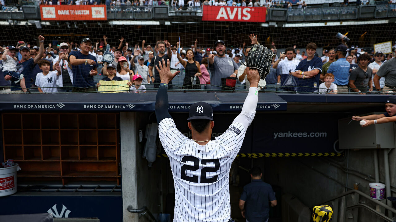 NEW YORK, NY - AUGUST 25: Juan Soto #22 of the New York Yankees waves to the fans after the game against the Colorado Rockies at Yankee Stadium on August 25, 2024, in New York, New York.