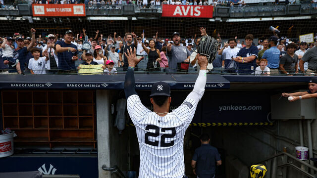 NEW YORK, NY - AUGUST 25: Juan Soto #22 of the New York Yankees waves to the fans after the game against the Colorado Rockies at Yankee Stadium on August 25, 2024, in New York, New York.