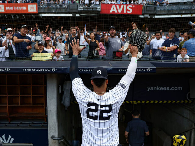 NEW YORK, NY - AUGUST 25: Juan Soto #22 of the New York Yankees waves to the fans after the game against the Colorado Rockies at Yankee Stadium on August 25, 2024, in New York, New York.