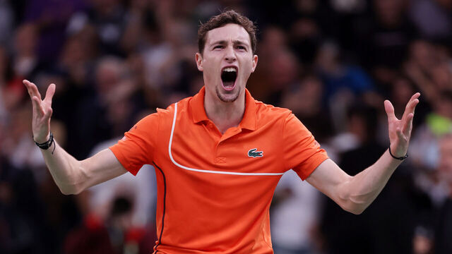 PARIS, FRANCE - OCTOBER 31: Ugo Humbert of France celebrates after winning match point against Carlos Alcaraz of Spain in their Men's Singles Third Round match on day four of the Rolex Paris Masters 2024 on October 31, 2024 in Paris, France.