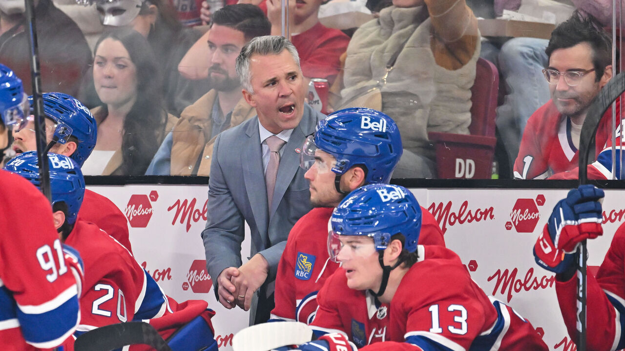MONTREAL, CANADA - OCTOBER 29: Head coach Martin St-Louis of the Montreal Canadiens handles bench duties during the first period against the Seattle Kraken at the Bell Centre on October 29, 2024 in Montreal, Quebec, Canada. The Seattle Kraken defeated the Montreal Canadiens 8-2.