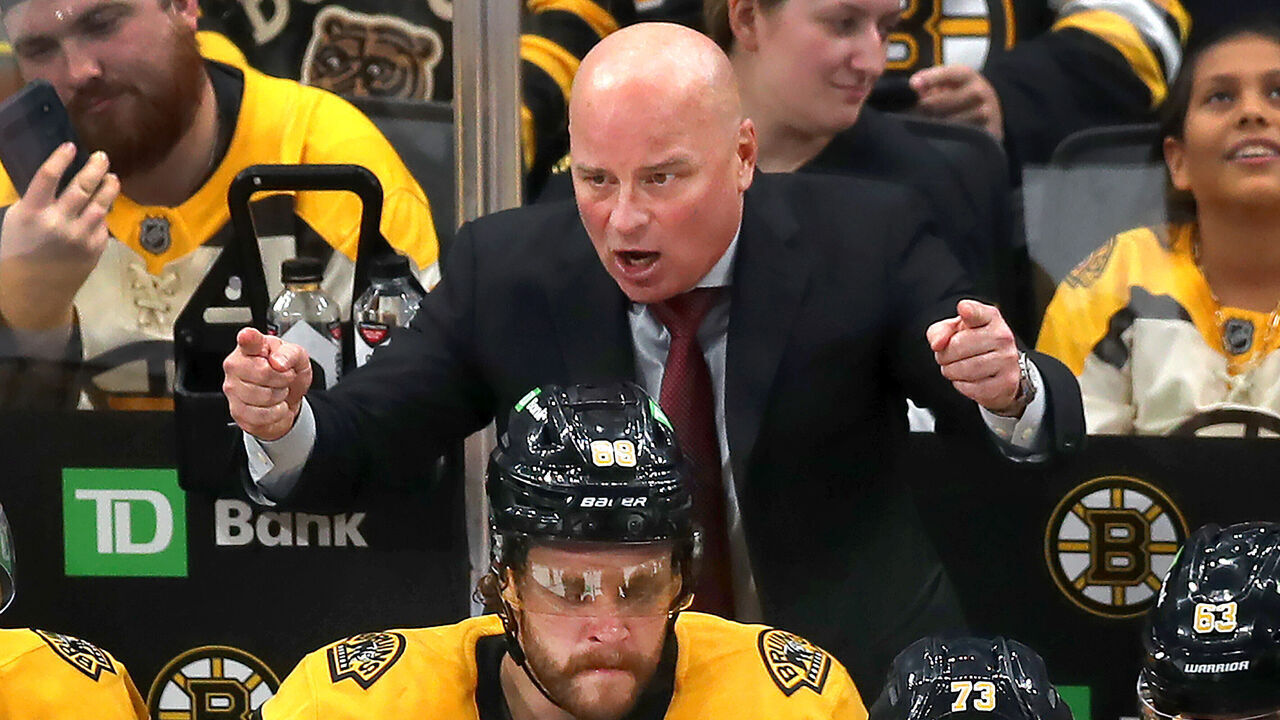 Boston, MA - October 24: Boston Bruins head coach Jim Montgomery talks to his team during a third period timeout.