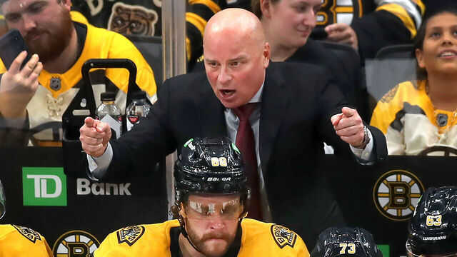Boston, MA - October 24: Boston Bruins head coach Jim Montgomery talks to his team during a third period timeout.