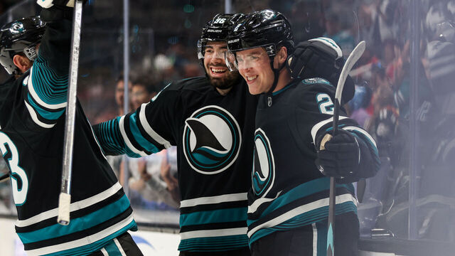 SAN JOSE, CAOCTOBER 31: Will Smith #2 of the San Jose Sharks scores his first NHL goal in the first period of a game against the Chicago Blackhawks at SAP Center on October 31, 2024
