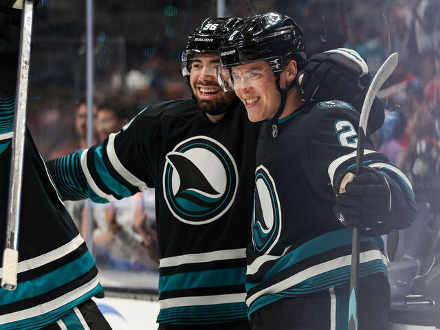 SAN JOSE, CAOCTOBER 31: Will Smith #2 of the San Jose Sharks scores his first NHL goal in the first period of a game against the Chicago Blackhawks at SAP Center on October 31, 2024