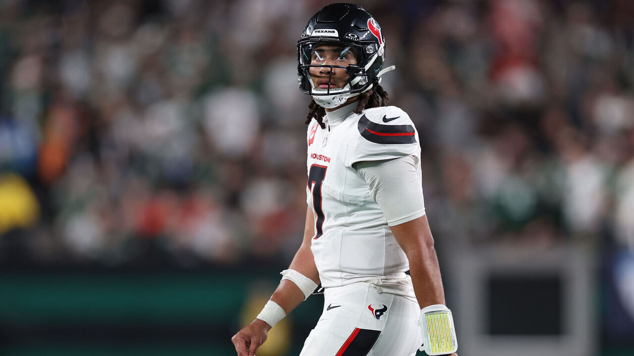 EAST RUTHERFORD, NEW JERSEY - OCTOBER 31: C.J. Stroud #7 of the Houston Texans looks on during the fourth quarter against the New York Jets at MetLife Stadium on October 31, 2024 in East Rutherford, New Jersey.