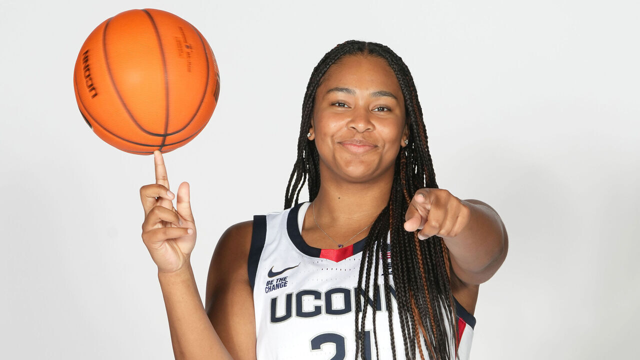 NEW YORK, NY - OCTOBER 23: Sarah Strong #21 of the Connecticut Huskies poses for a photo during Big East Media Day at Madison Square Garden on October 23, 2024 in New York City.