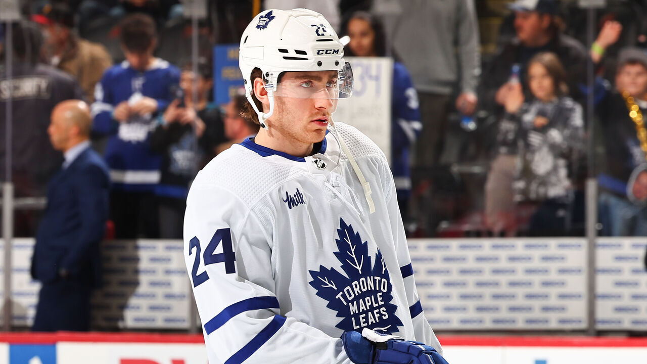 NEWARK, NJ - APRIL 09: Connor Dewar #24 of the Toronto Maple Leafs skates during warm up prior to the game against the New Jersey Devils at the Prudential Center on April 9, 2024 in Newark, New Jersey.