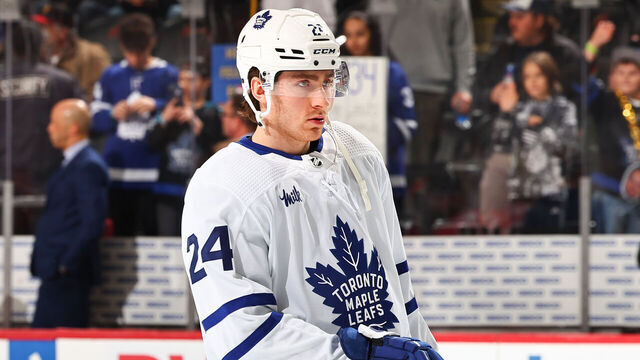 NEWARK, NJ - APRIL 09: Connor Dewar #24 of the Toronto Maple Leafs skates during warm up prior to the game against the New Jersey Devils at the Prudential Center on April 9, 2024 in Newark, New Jersey.