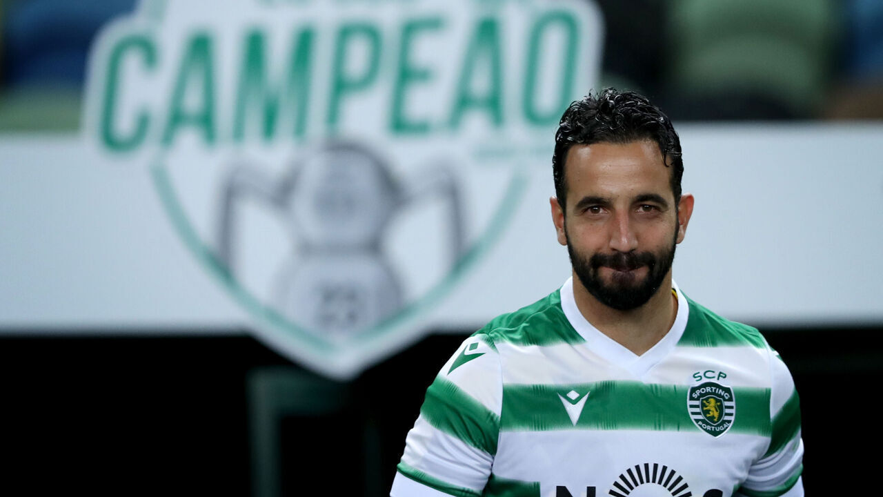 Sporting's head coach Ruben Amorim celebrates the Portuguese League football title after the match against Boavista FC at Jose Alvalade stadium in Lisbon, Portugal on May 11, 2021.