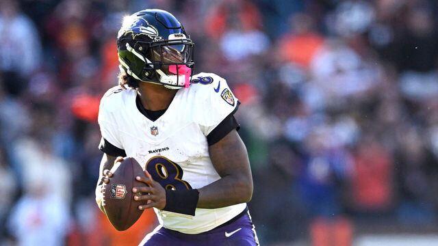 CLEVELAND, OHIO - OCTOBER 27: Lamar Jackson #8 of the Baltimore Ravens looks to pass in the fourth quarter of a game against the Cleveland Browns at Huntington Bank Field on October 27, 2024 in Cleveland, Ohio.