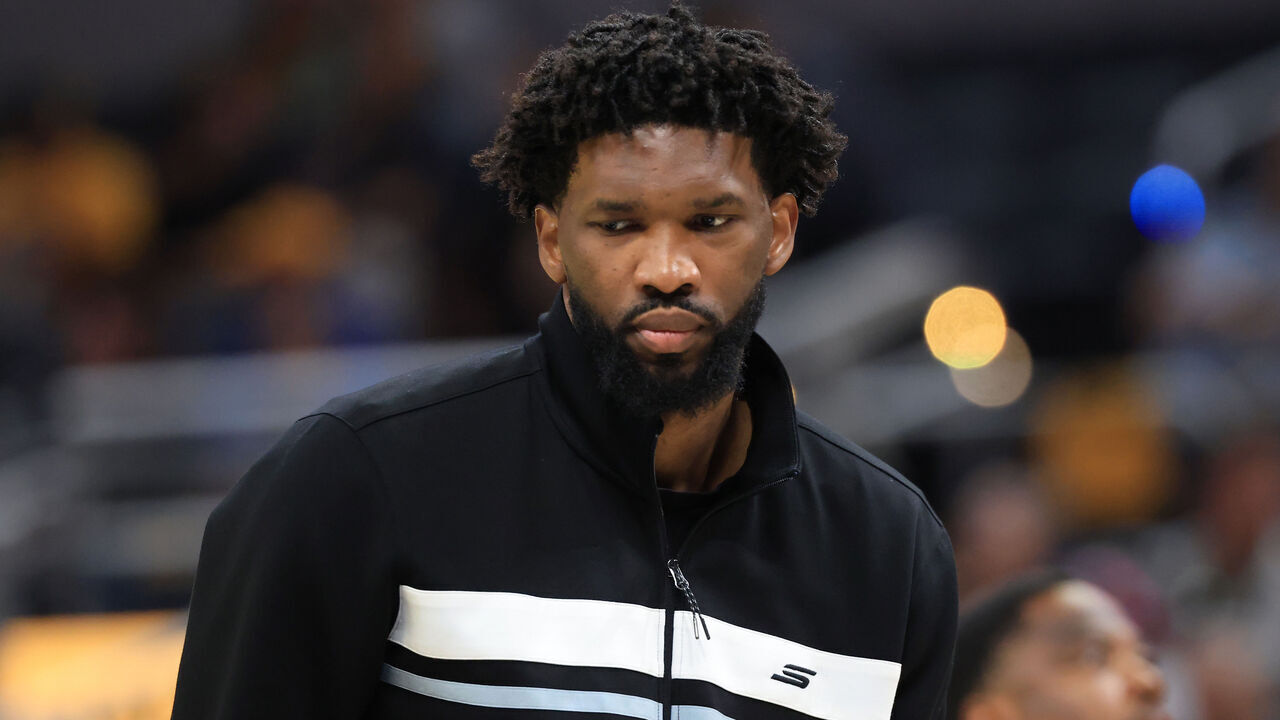 INDIANAPOLIS, INDIANA - OCTOBER 27: Joel Embiid #21 of the Philadelphia 76ers looks on in the game against the Indiana Pacers at Gainbridge Fieldhouse on October 27, 2024 in Indianapolis, Indiana.