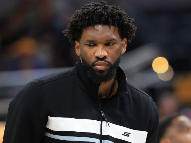 INDIANAPOLIS, INDIANA - OCTOBER 27: Joel Embiid #21 of the Philadelphia 76ers looks on in the game against the Indiana Pacers at Gainbridge Fieldhouse on October 27, 2024 in Indianapolis, Indiana.