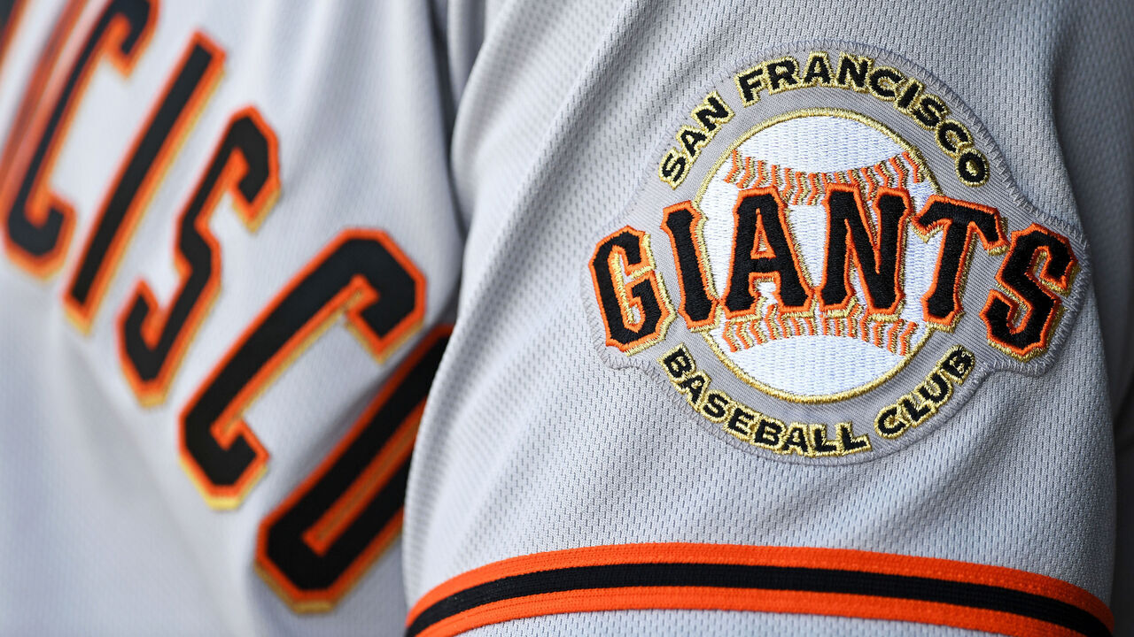WASHINGTON, DC - APRIL 24, 2022: A closeup of the San Francisco Giants logo on a jersey sleeve during the seventh inning against the Washington Nationals at Nationals Park on April 24, 2022 in Washington, DC.