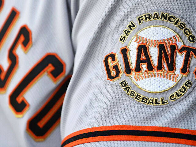 WASHINGTON, DC - APRIL 24, 2022: A closeup of the San Francisco Giants logo on a jersey sleeve during the seventh inning against the Washington Nationals at Nationals Park on April 24, 2022 in Washington, DC.