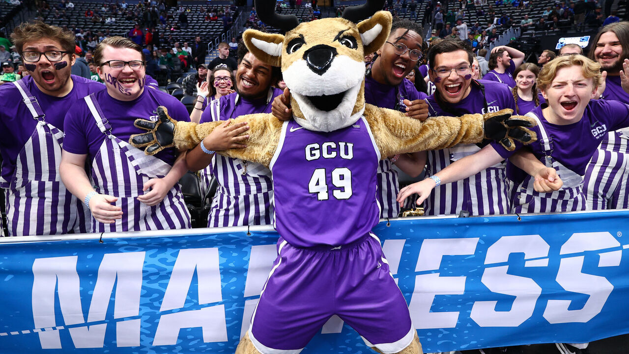 DENVER, CO - MARCH 17: The Grand Canyon Antelopes mascot and band cheer before the game against the Gonzaga Bulldogs during the first round of the 2023 NCAA Men's Basketball Tournament held at Ball Arena on March 17, 2023 in Denver, Colorado.