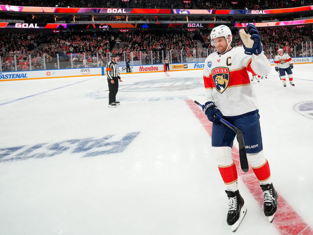 TAMPERE, FINLAND - NOVEMBER 01: Aleksander Barkov #16 of the Florida Panthers celebrates his goal during the first period of the 2024 NHL Global Series Finland game between the Florida Panthers and the Dallas Stars at Nokia Arena on November 01, 2024 in Tampere, Finland.