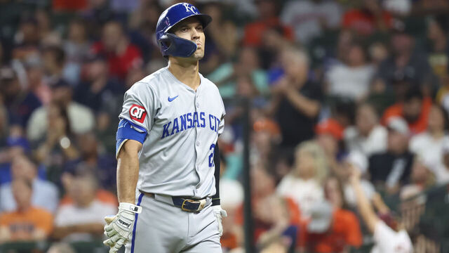 HOUSTON, TX - AUGUST 29: Kansas City Royals second base Adam Frazier (26) reacts after striking out in the top of the seventh inning during the MLB game between the Kansas City Royals and Houston Astros on August 29, 2024 at Minute Maid Park in Houston, Texas.