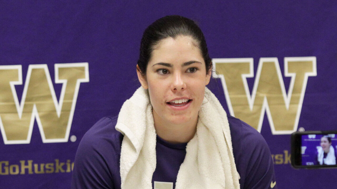 SEATTLE, WA - DECEMBER 18: Washington's #10 Kelsey Plum answer's questions after the game during an NCAA women's basketball game between the Savannah State Tigers and the Washington Huskies on December 18, 2016, at Alaska Airlines Arena in Seattle, WA. Washington defeated Savannah State 87-36.